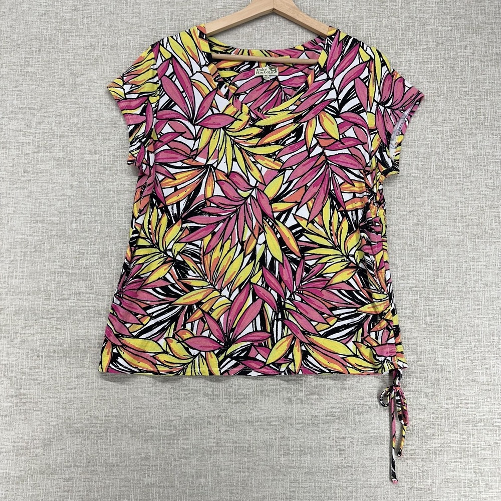 Palm Harbour Shirt Womens Petite Large Multicolor Tropical Leaf Side Tie Top